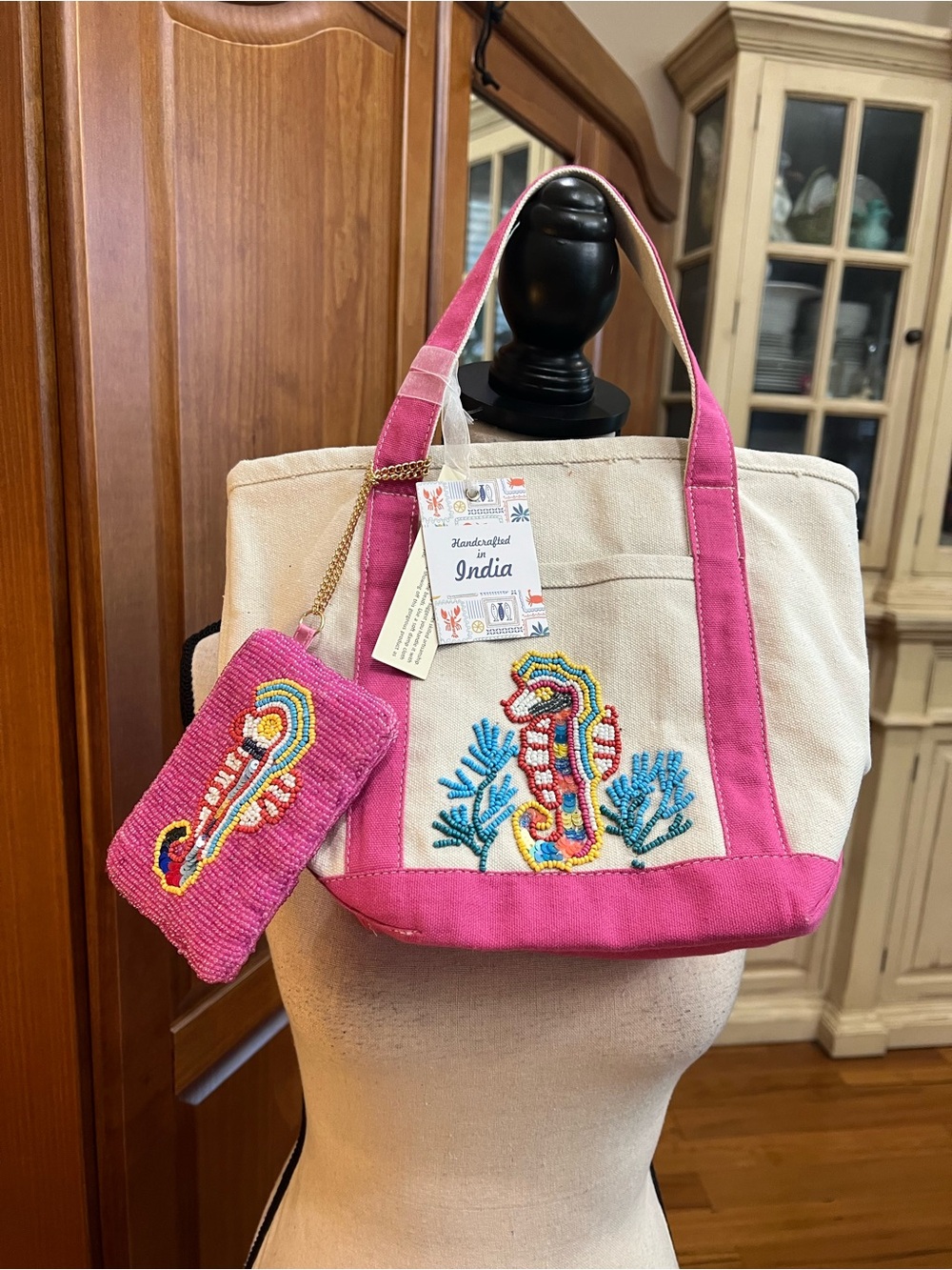 Handcrafted India Canvas Tote with Pink Trim and Beaded Seahorse
